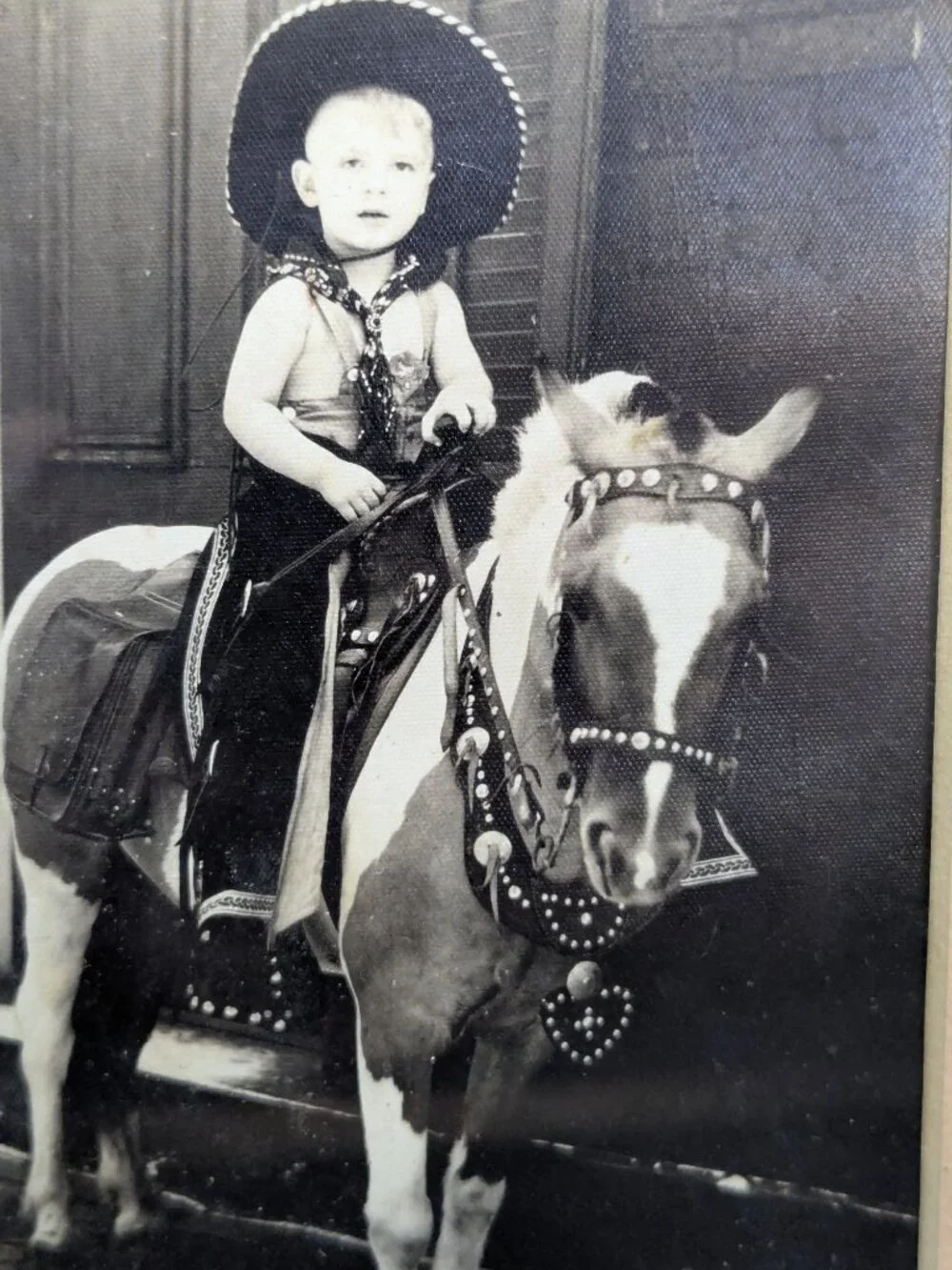 Vtg. Western Child On Pony Black & White Photo  Rustic Wooden Frame 8x10 Inches